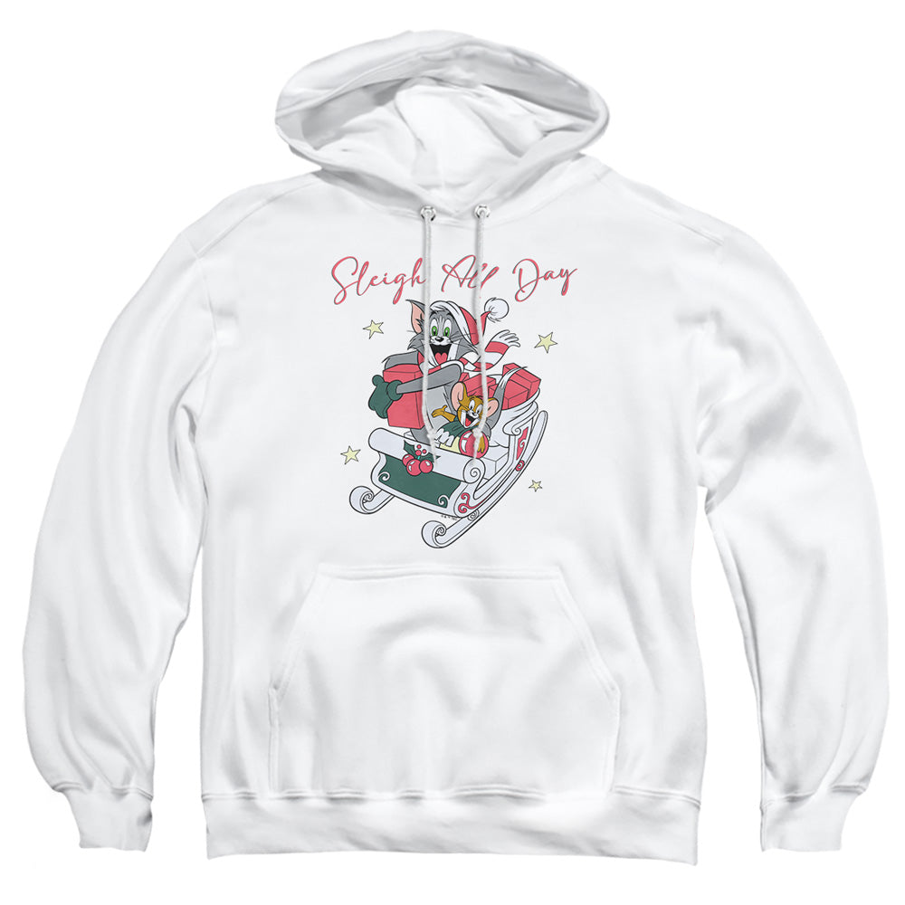 Tom and Jerry Sleigh All Day Christmas Adult Hoodie and Crewneck Sweatshirt White