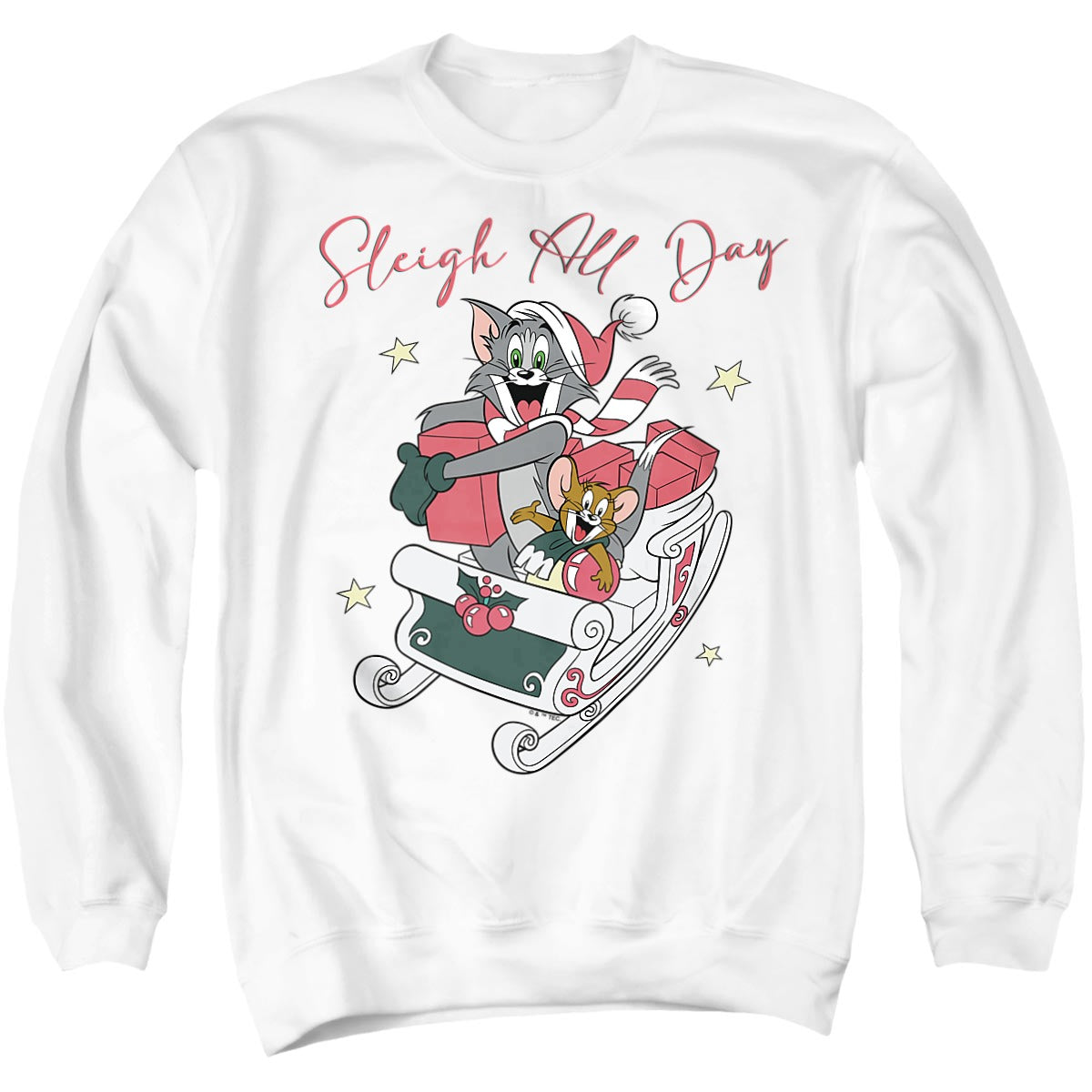 Tom and Jerry Sleigh All Day Christmas Adult Hoodie and Crewneck Sweatshirt White