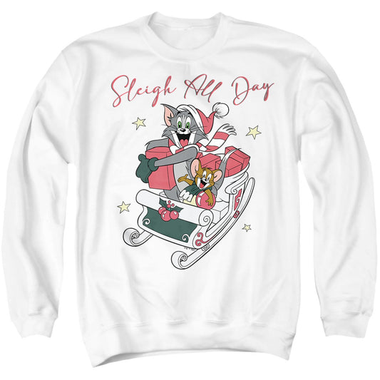 Tom and Jerry Sleigh All Day Christmas Adult Hoodie and Crewneck Sweatshirt White
