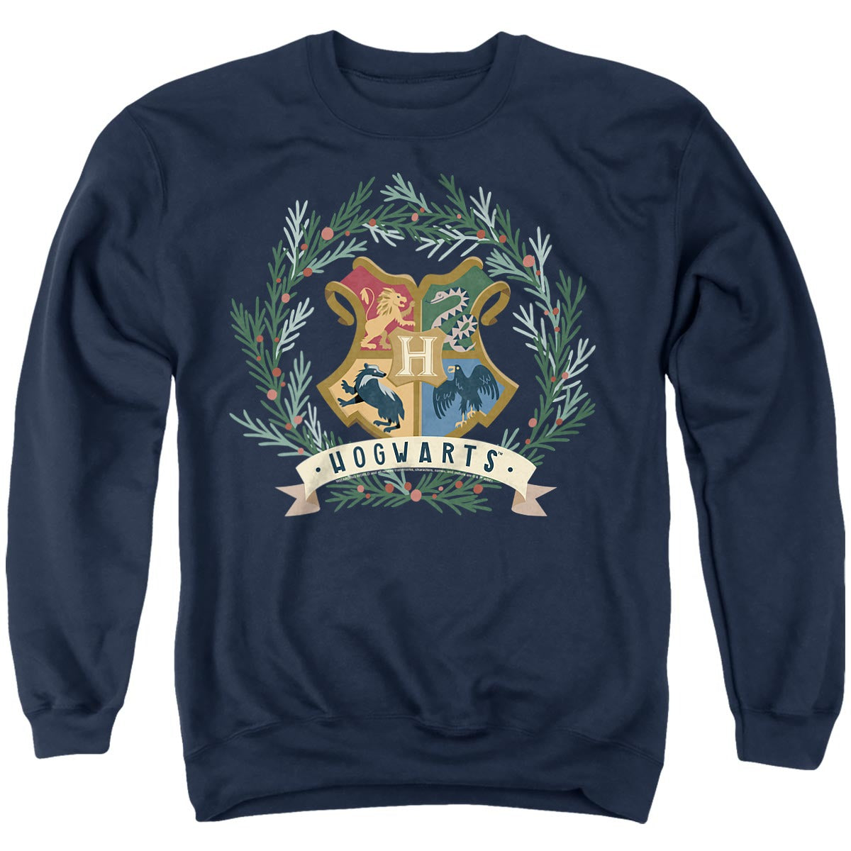 Harry Potter Hogwarts Logo Christmas Wreath Adult Hoodie and Crewneck Sweatshirt Navy