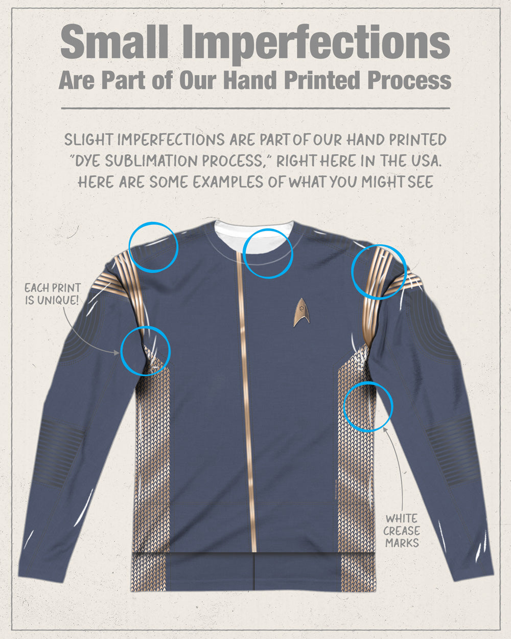 Stark Trek: Discovery Engineering Uniform Blue Long Sleeve Double-Sided Sublimated Costume Adult T Shirt