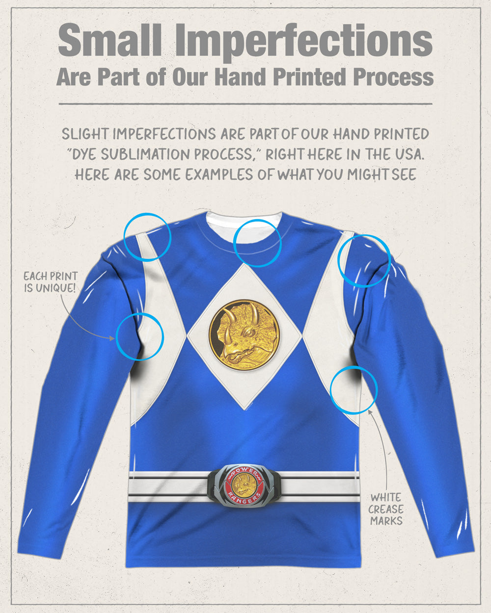 Power Rangers Blue Ranger Long Sleeve Double-Sided Sublimated Costume Adult T Shirt