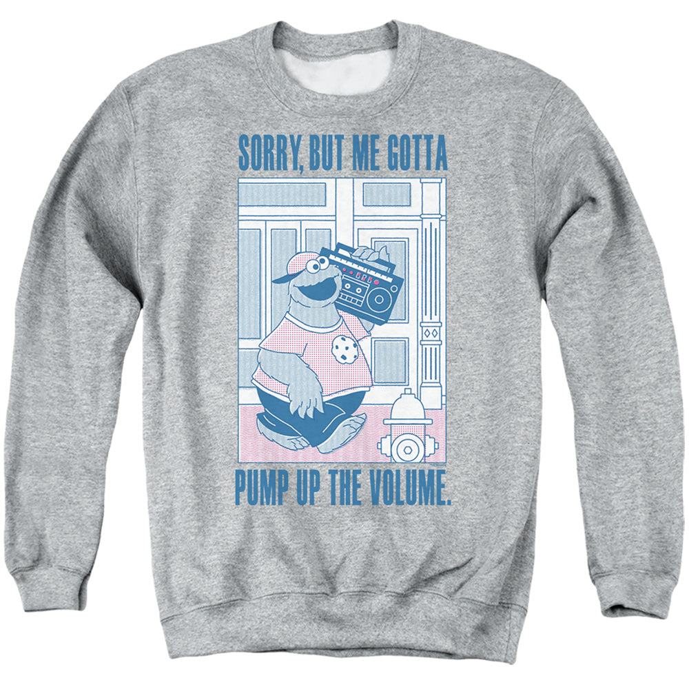 Sesame Street Cookie Monster Pump Up The Volume Adult Crewneck Sweatshirt Athletic Heather