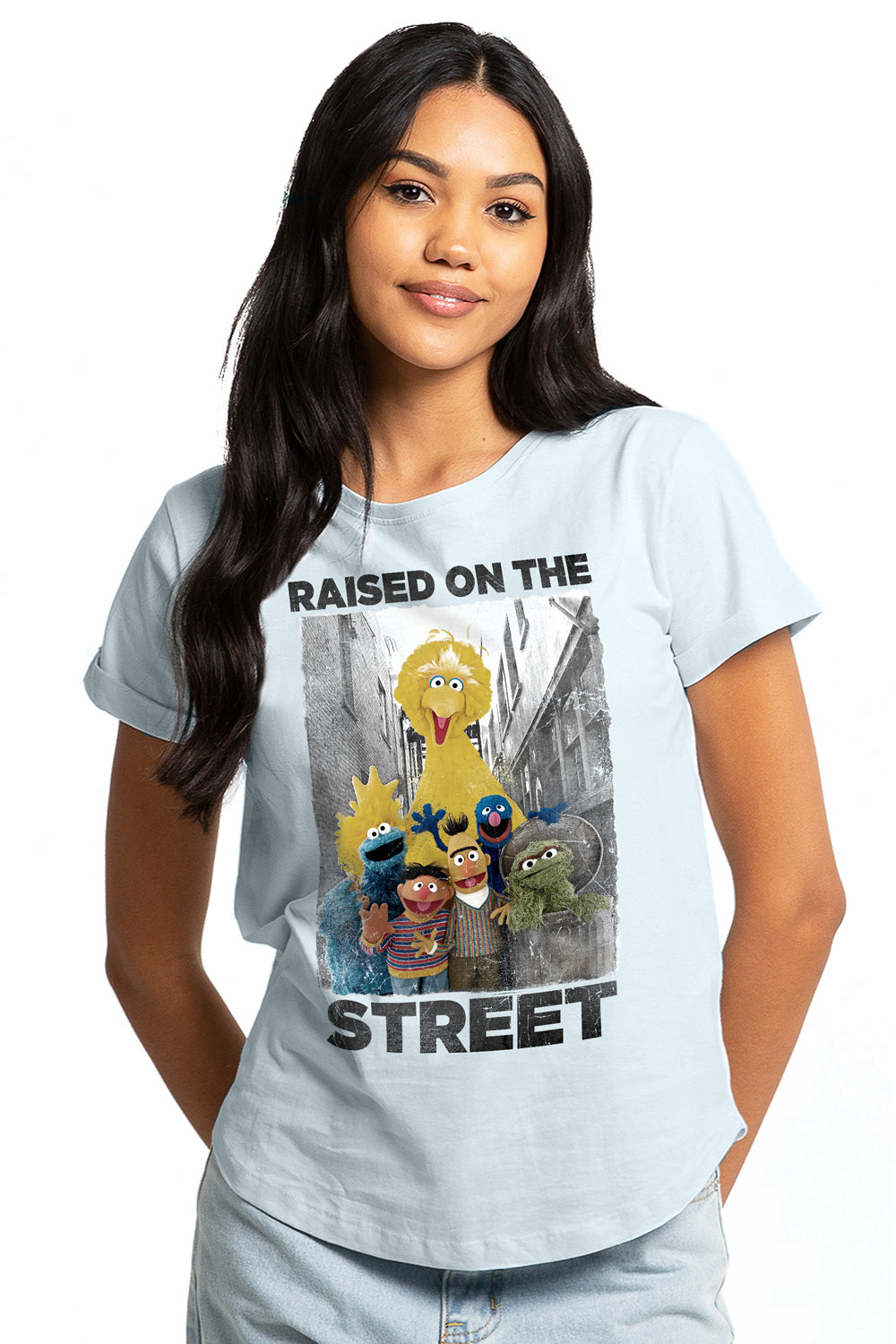 Sesame Street Raised On The Street Vintage Women's Cropped T Shirt Sky Blue