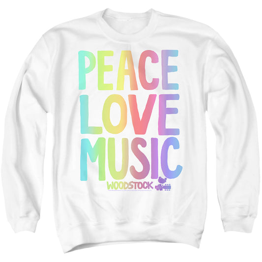 Peace. Love, Music, Woodstock Crewneck Sweatshirt White